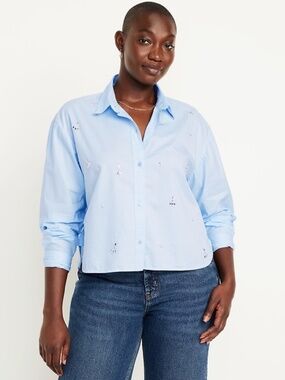 NWT Old Navy Blue Rhinestone Cropped Button Down XL
